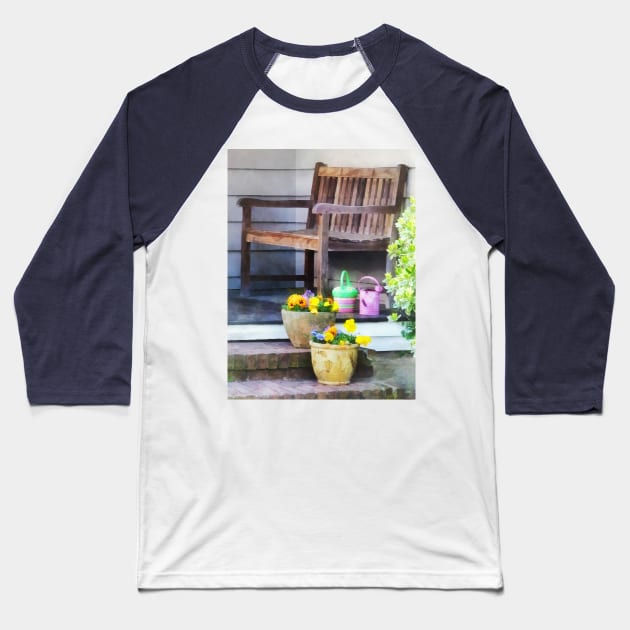 Suburbs - Pansies and Watering Cans on Steps Baseball T-Shirt by SusanSavad